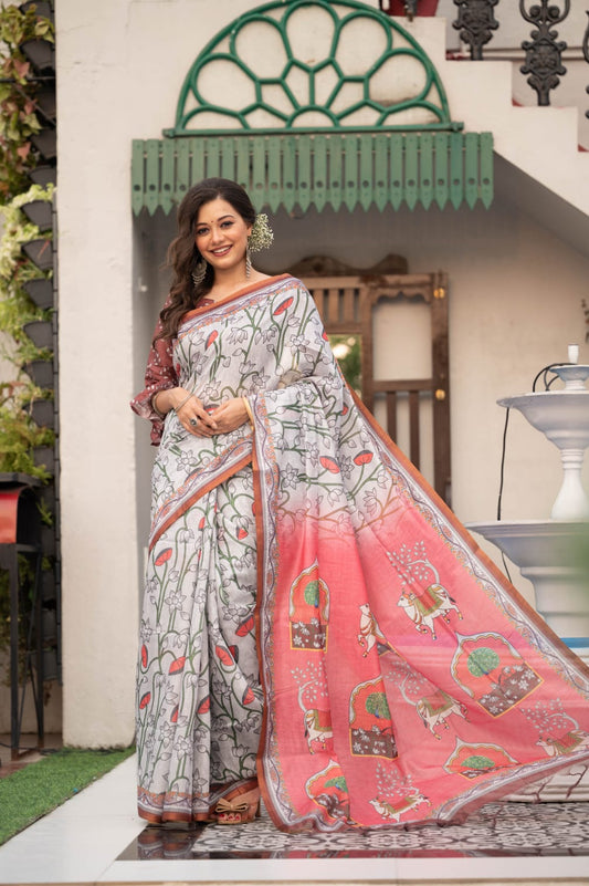 Silver Linen Cotton Pichwai Print  Saree