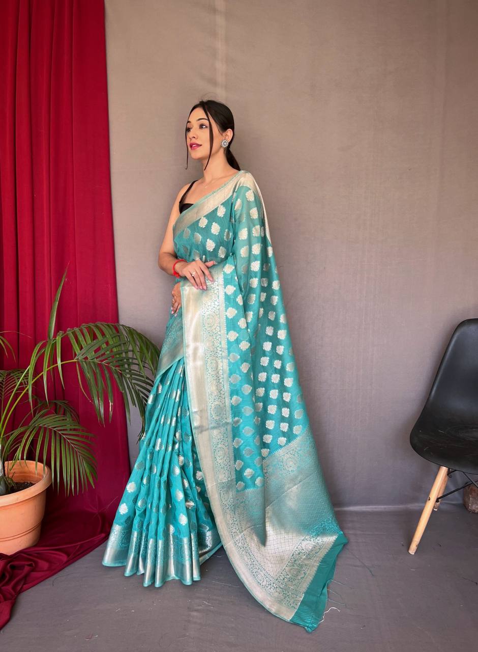 Sky Blue Pure Muslin  Silk Saree With Rose Gold Zari Weaved