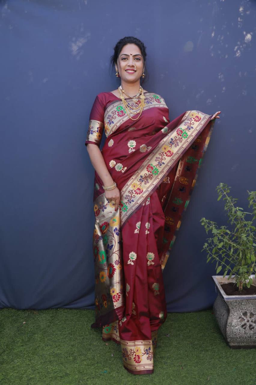 Wine Paithani Pure Silk Handloom Saree