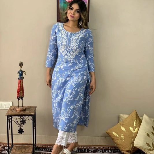 Sky Blue Beautiful Heavy Rayon Printed Kurti