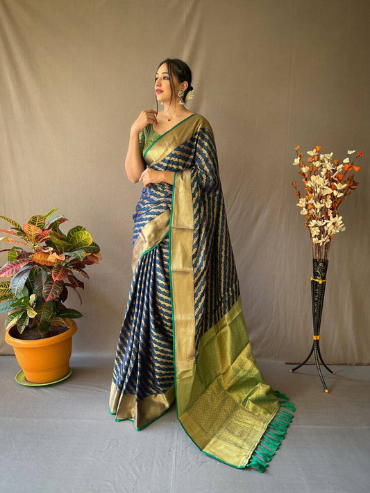 Blue Banarasi Beautiful Patola Sarees With Leheriya Gold Zari Weaves