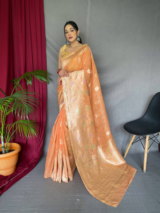 Orange Pure Linen Slub Silk Saree With Zari Weaving