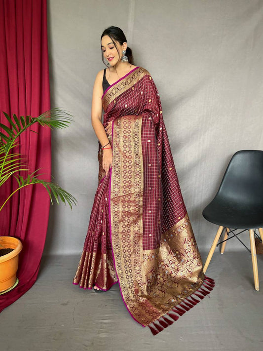 Wine Heavy Gold Big Jacquard Weaving Border  Handloom Saree