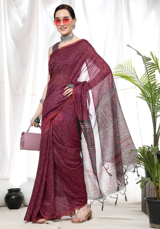 Wine Soft Linen Cotton Saree With Beautiful Bandhani