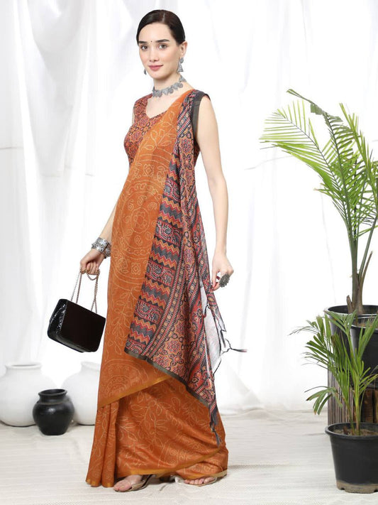 Orange Soft Linen Cotton Saree With Beautiful Bandhani