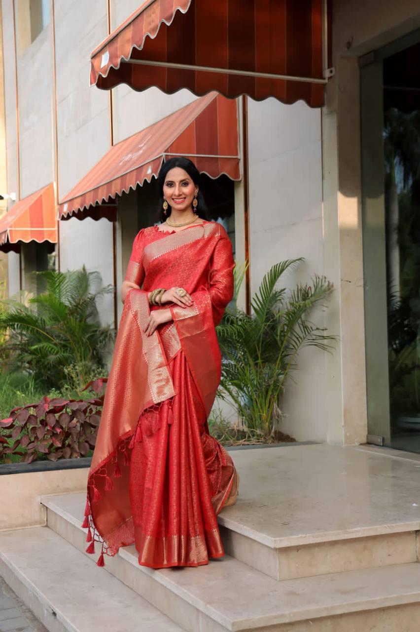 Red Soft Banarasi Silk Tanchoi Saree With Zari Border