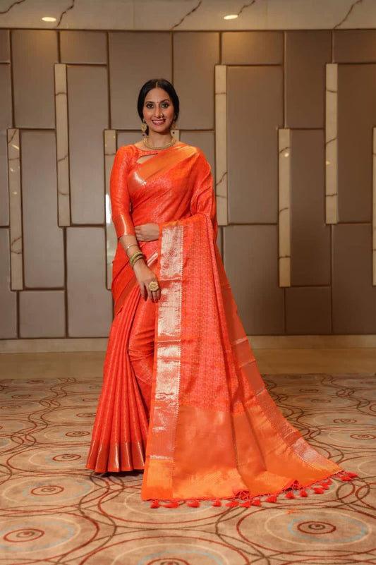 Orange Soft Banarasi Silk Tanchoi Saree With Zari Border