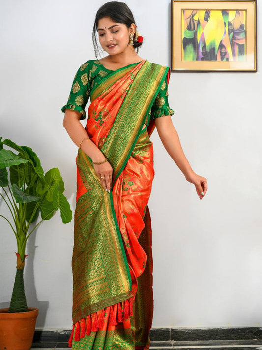 Orange Pure Heavy Golden Contrast Kanjeevaram Silk Saree