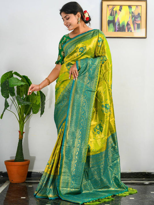 Parrot Pure Heavy Golden Contrast Kanjeevaram Silk Saree