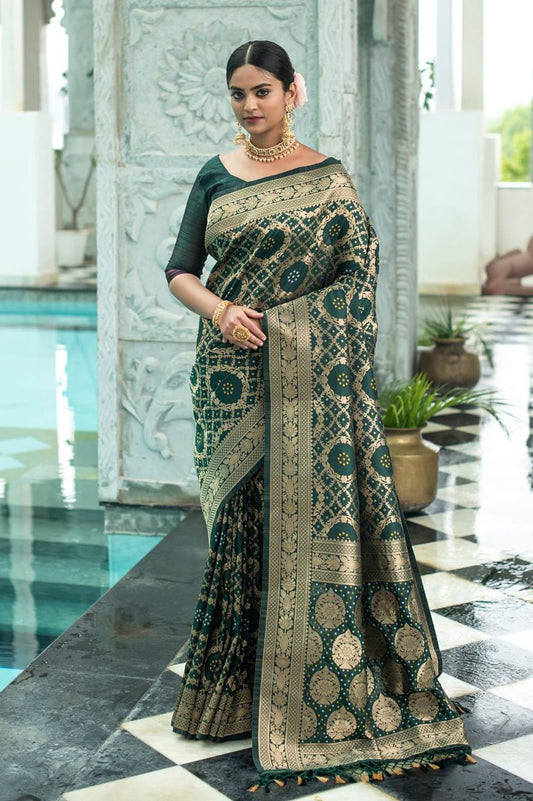 Green Pure Banarasi Silk Saree With Bandhani Meenakari Woven