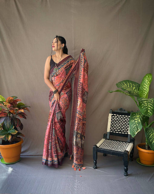 Pink Kalamkari Print Saree With Tassles Attached