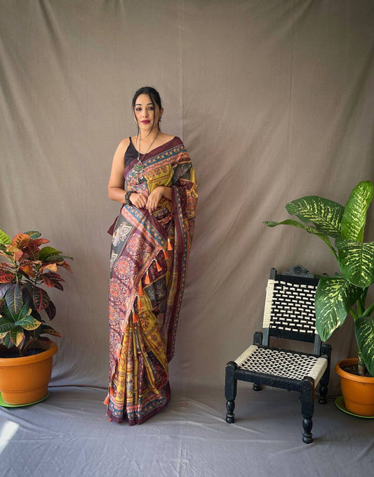 Yellow Kalamkari Print Saree With Tassles Attached