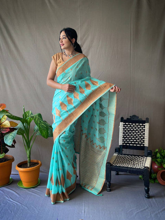 Sky Blue Cotton Slub Sarees With Copper Zari Temple Weaving Border