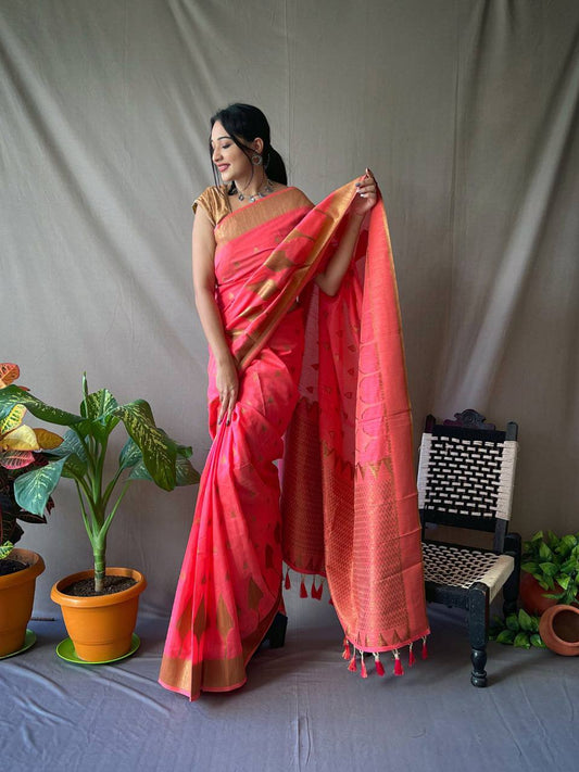 Rani  Cotton Slub Sarees With Copper Zari Temple Weaving Border