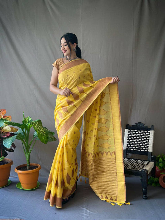 Yellow Cotton Slub Sarees With Copper Zari Temple Weaving Border