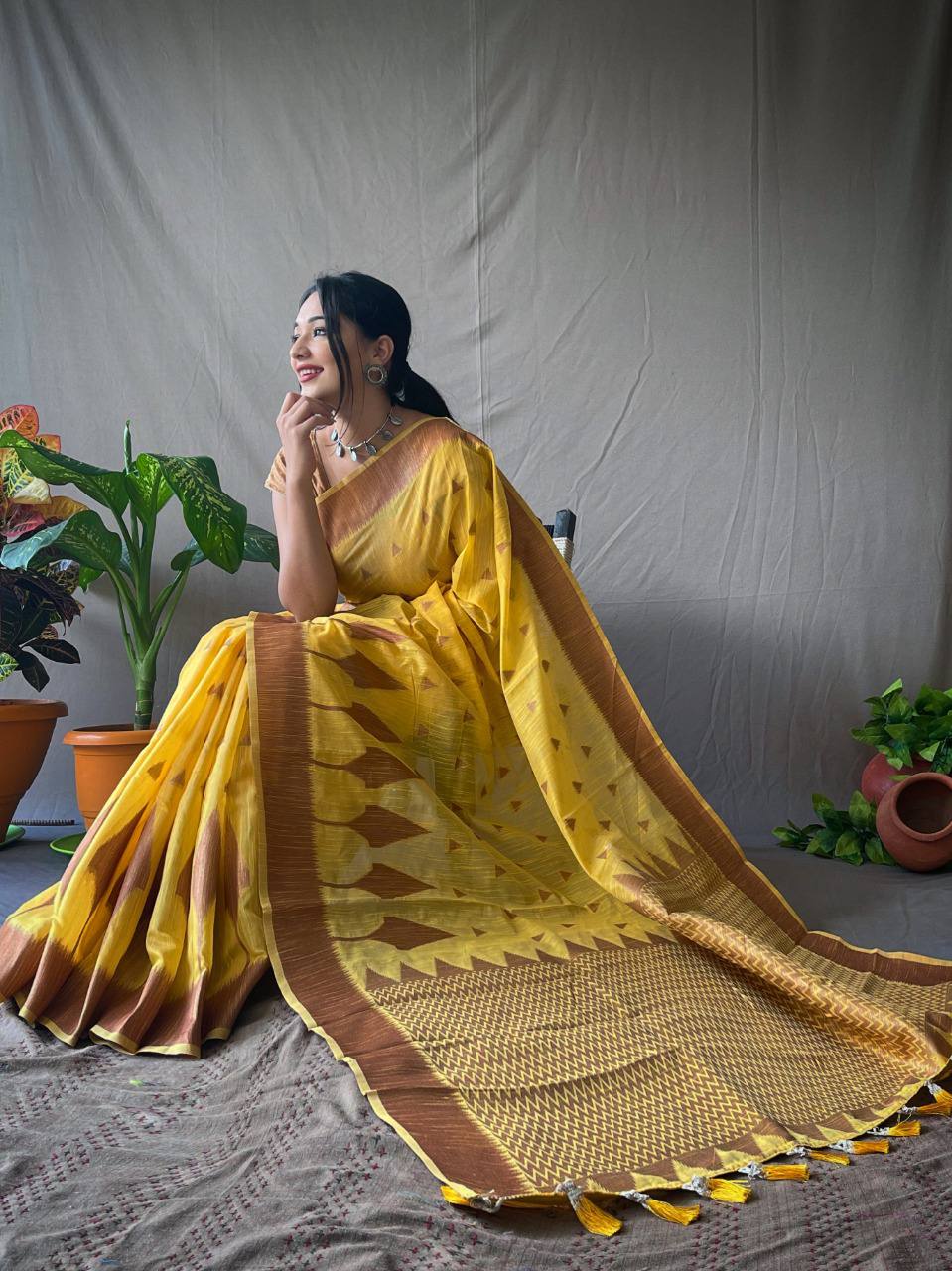 Yellow Cotton Slub Sarees With Copper Zari Temple Weaving Border