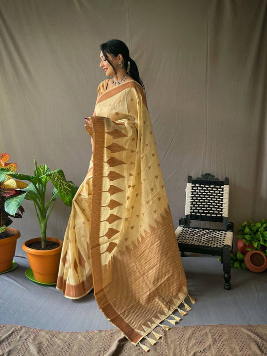 Lemon Cotton Slub Sarees With Copper Zari Temple Weaving Border