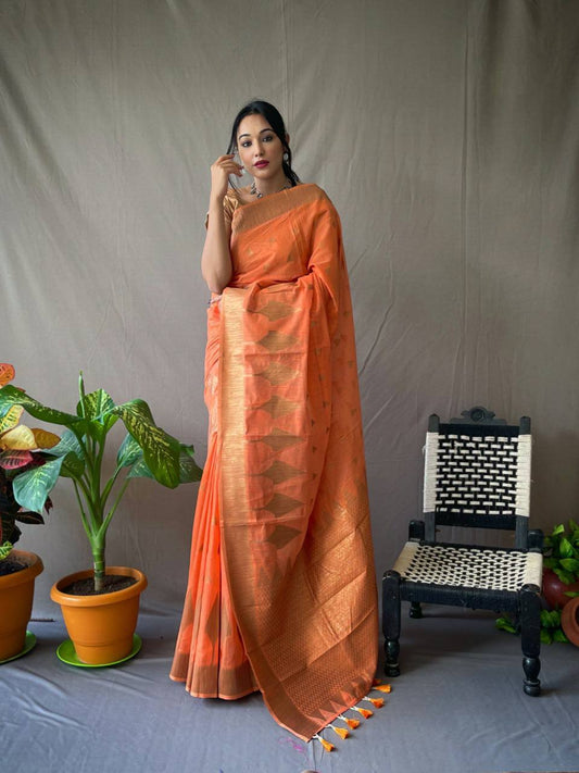 Orange Cotton Slub Sarees With Copper Zari Temple Weaving Border