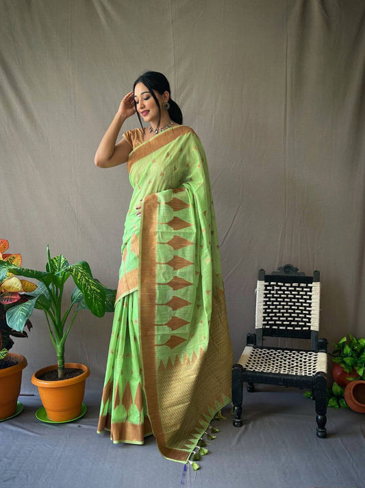 Green Cotton Slub Sarees With Copper Zari Temple Weaving Border