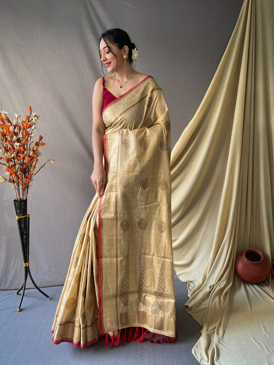 Cream Pure Cotton Linen Saree With Copper And  Gold Zari Mottifs