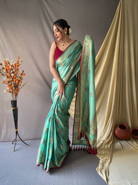 Sky Blue Pure Cotton Linen Saree With Copper And  Gold Zari Mottifs