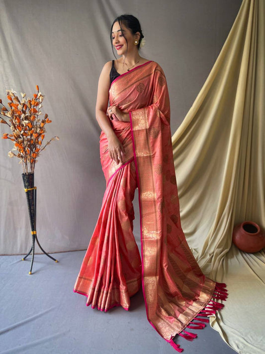 Pink Pure Cotton Linen Saree With Copper And  Gold Zari Mottifs