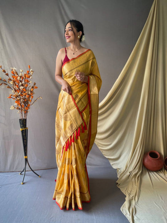 Yellow Pure Cotton Linen Saree With Copper And  Gold Zari Mottifs