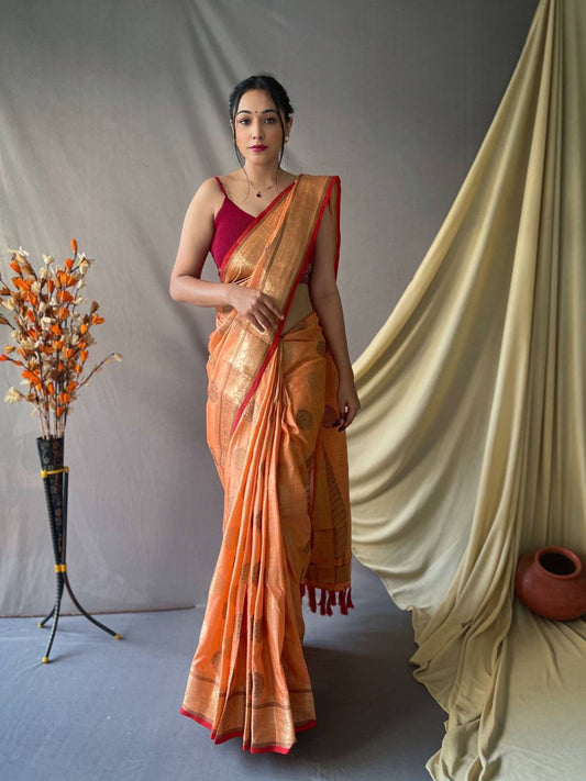 Orange Pure Cotton Linen Saree With Copper And  Gold Zari Mottifs