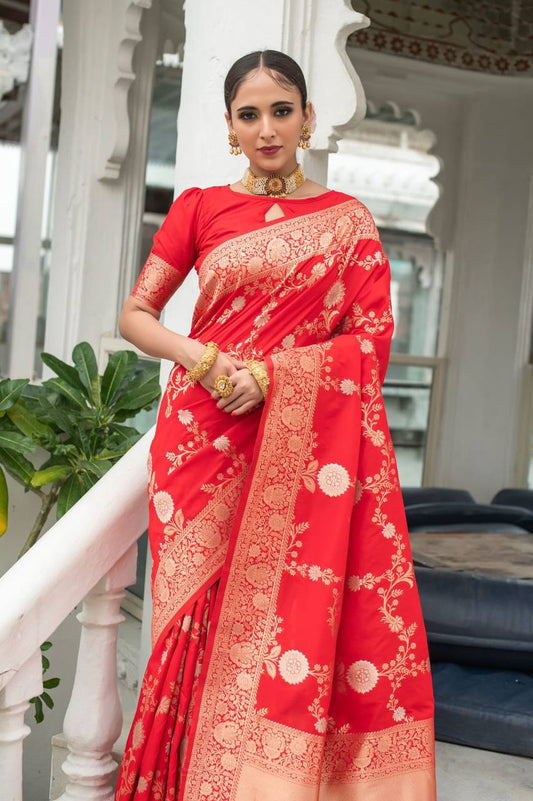 Red Soft Banarasi Katan silk saree