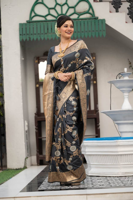 Grey Soft Banarasi Katan silk saree