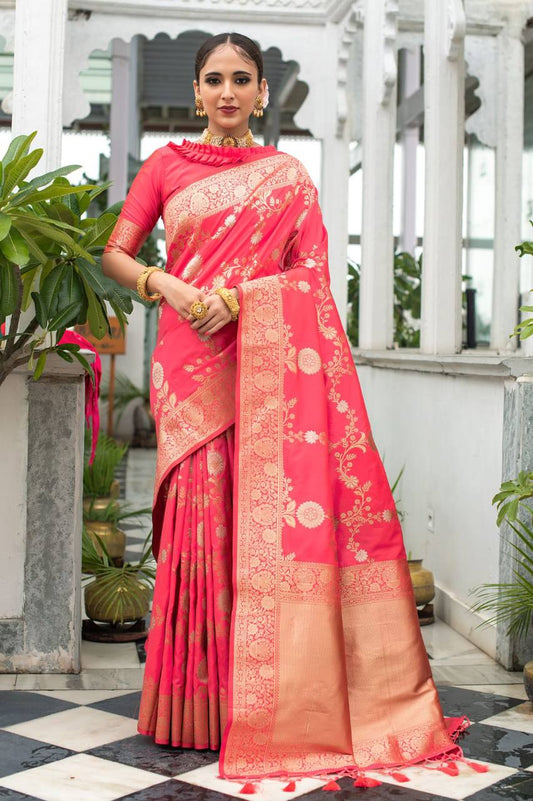 Peach Soft Banarasi Katan silk saree