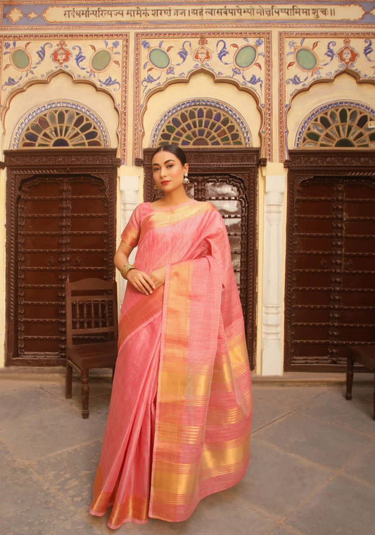 Pink Tussue Linen Silk Weaving Saree With Zari Woven