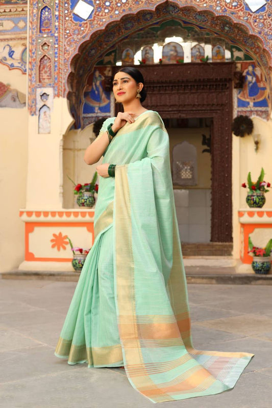 Sea Green Tussue Linen Silk Weaving Saree With Zari Woven