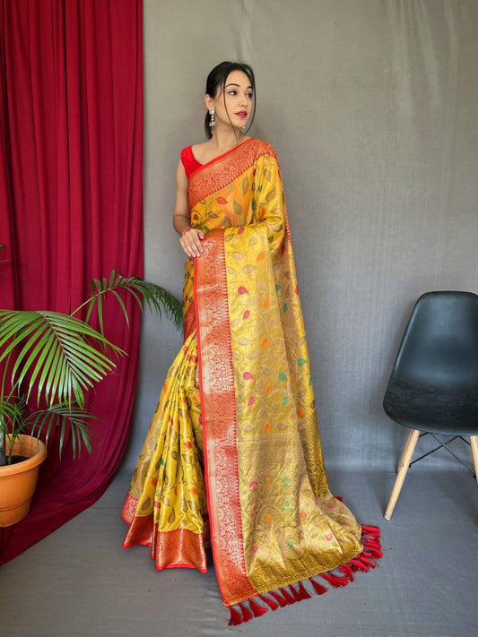 Yellow Pure Tissue Silk Saree With Zari Weaving