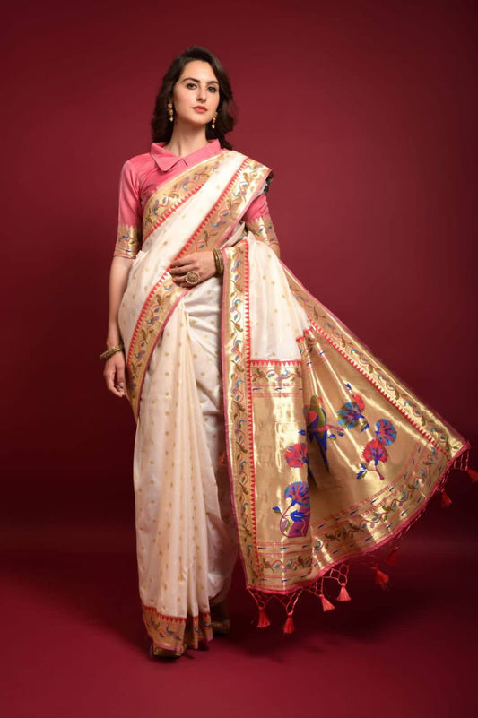 Cream Banarasi Soft Silk Paithani Saree With Fancy Meena