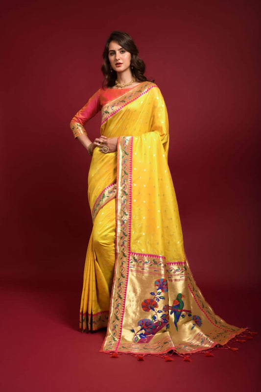 Yellow Banarasi Soft Silk Paithani Saree With Fancy Meena