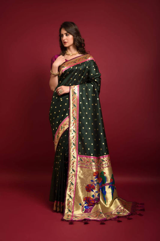 Green Banarasi Soft Silk Paithani Saree With Fancy Meena