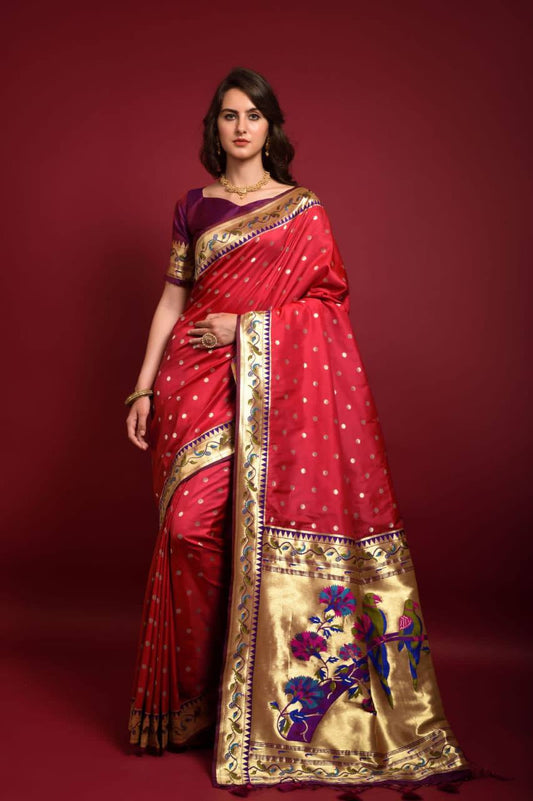 Red Banarasi Soft Silk Paithani Saree With Fancy Meena