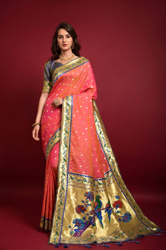 Orange Banarasi Soft Silk Paithani Saree With Fancy Meena