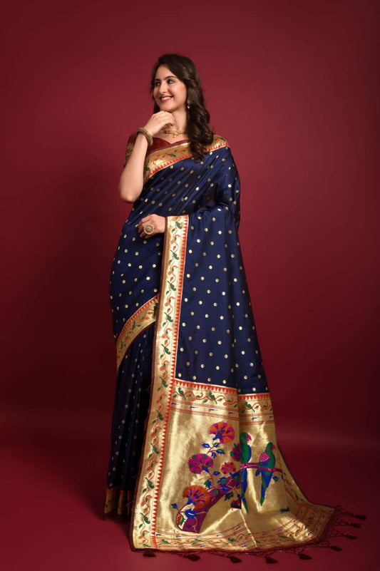 Blue Banarasi Soft Silk Paithani Saree With Fancy Meena