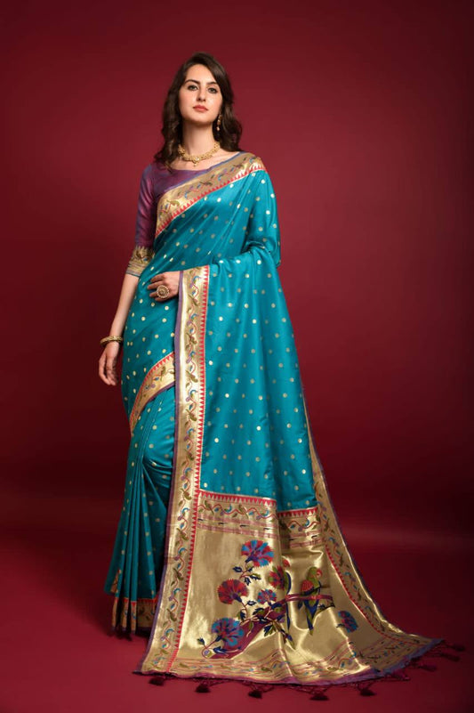 Sky Blue Banarasi Soft Silk Paithani Saree With Fancy Meena