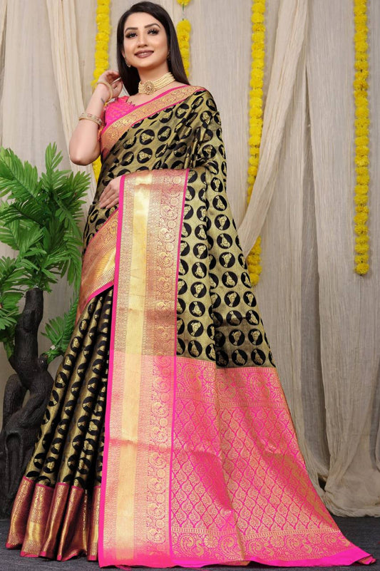 Black Kanchipuram Handloom Weaving Silk Saree