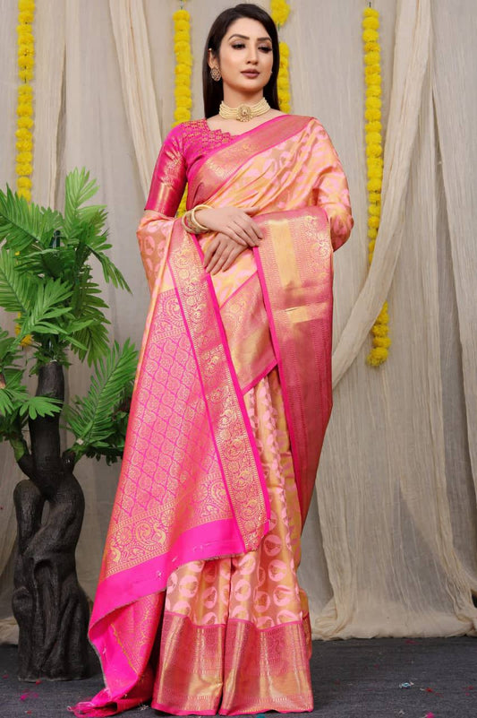 Peach Kanchipuram Handloom Weaving Silk Saree