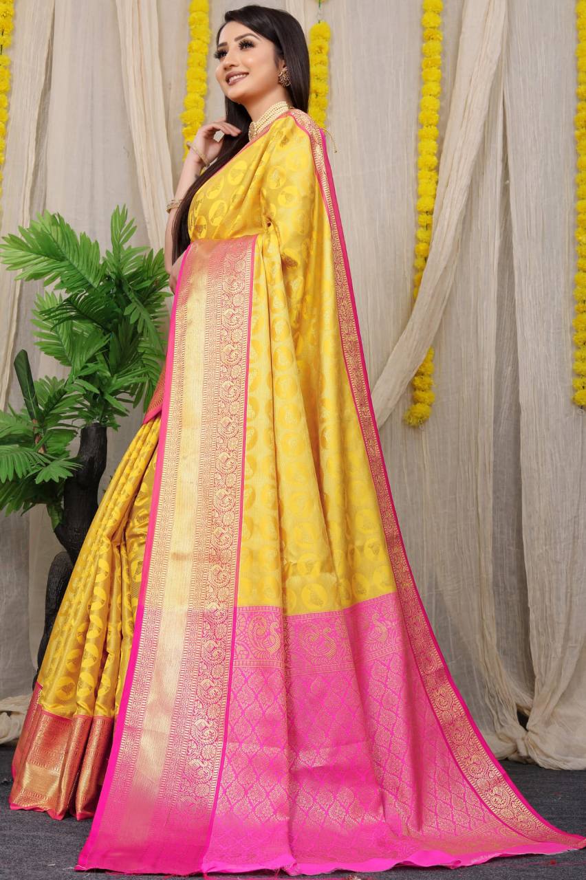 Lemon Kanchipuram Handloom Weaving Silk Saree