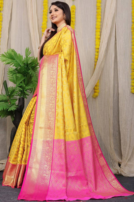 Lemon Kanchipuram Handloom Weaving Silk Saree