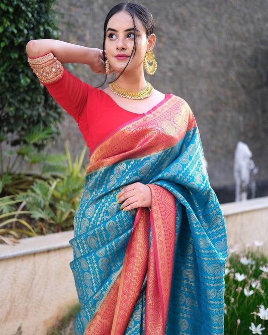 Blue Soft Lichi Silk Saree