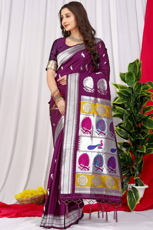 Wine Beautiful Soft Pure Silk Paithani Saree