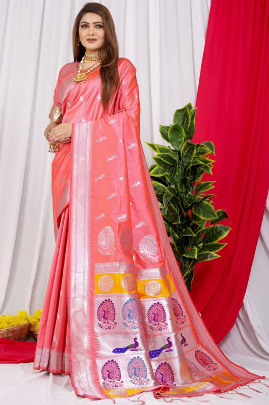 Peach Beautiful Soft Pure Silk Paithani Saree