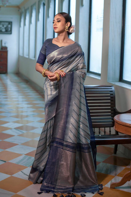 Grey Semi Tussar Silk Saree