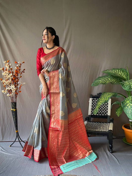 Grey Linen Saree With Chap Border